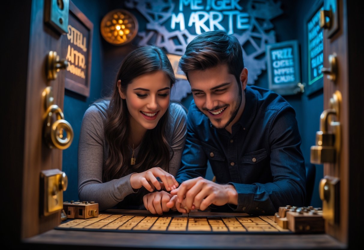 A young couple working together on puzzles in an escape room, concentrating and smiling.
