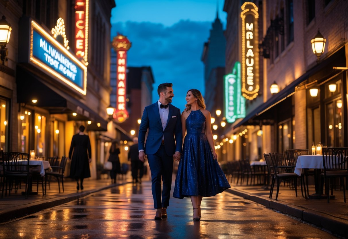 A couple walking hand-in-hand along a lively city street at night with theater lights and outdoor dining in the background.