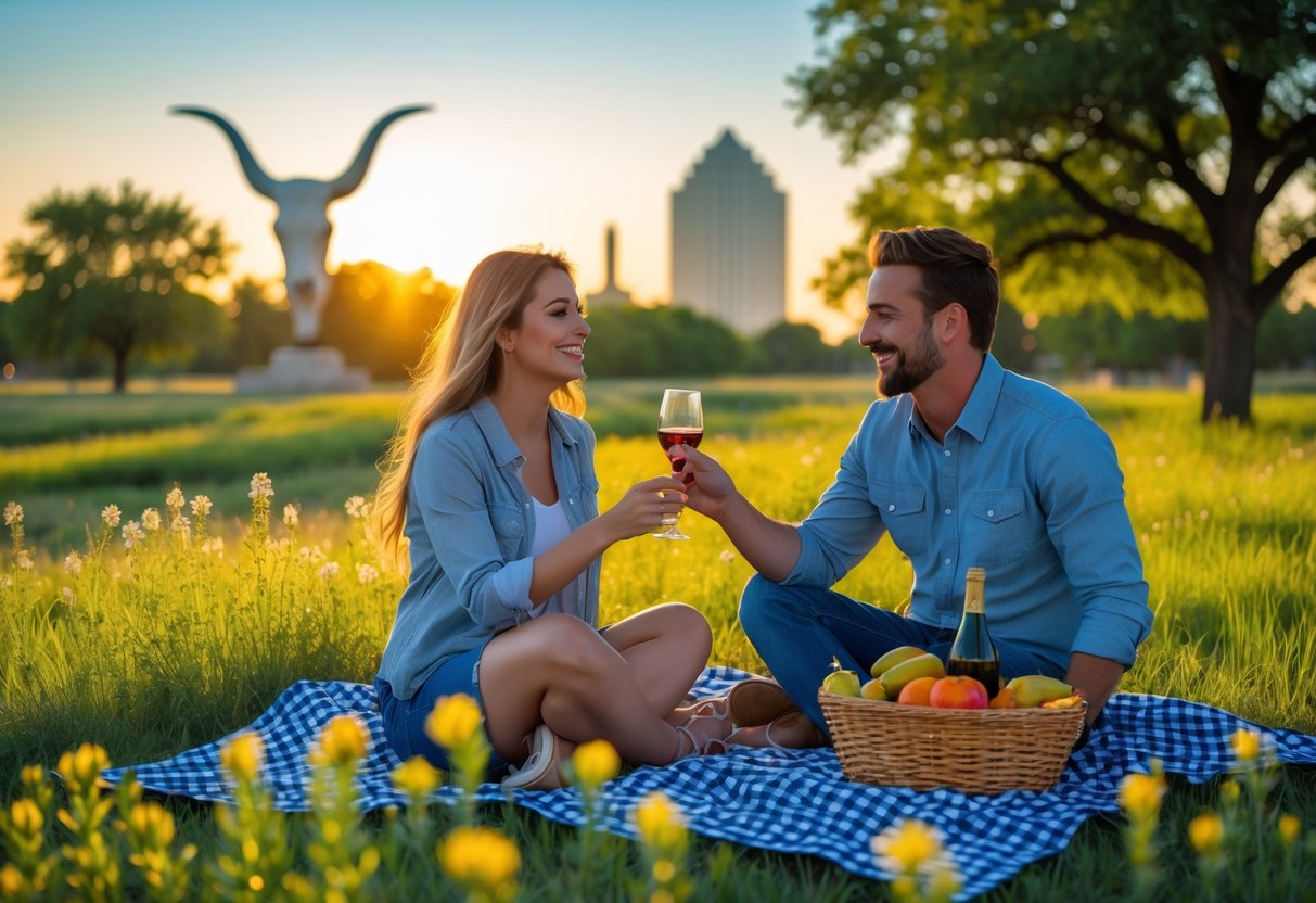 A couple enjoying a picnic together in a sunny park with Amarillo landmarks visible in the background.