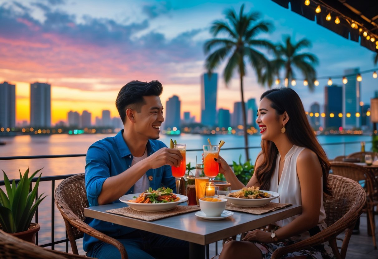 A young couple enjoying a meal together at an outdoor café overlooking Manila Bay at sunset with city buildings and palm trees in the background.
