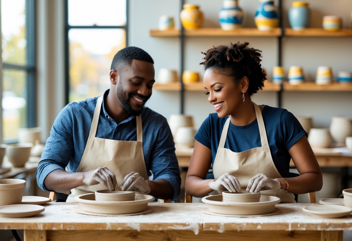 A couple making pottery together in a bright studio, shaping clay with their hands at a table.