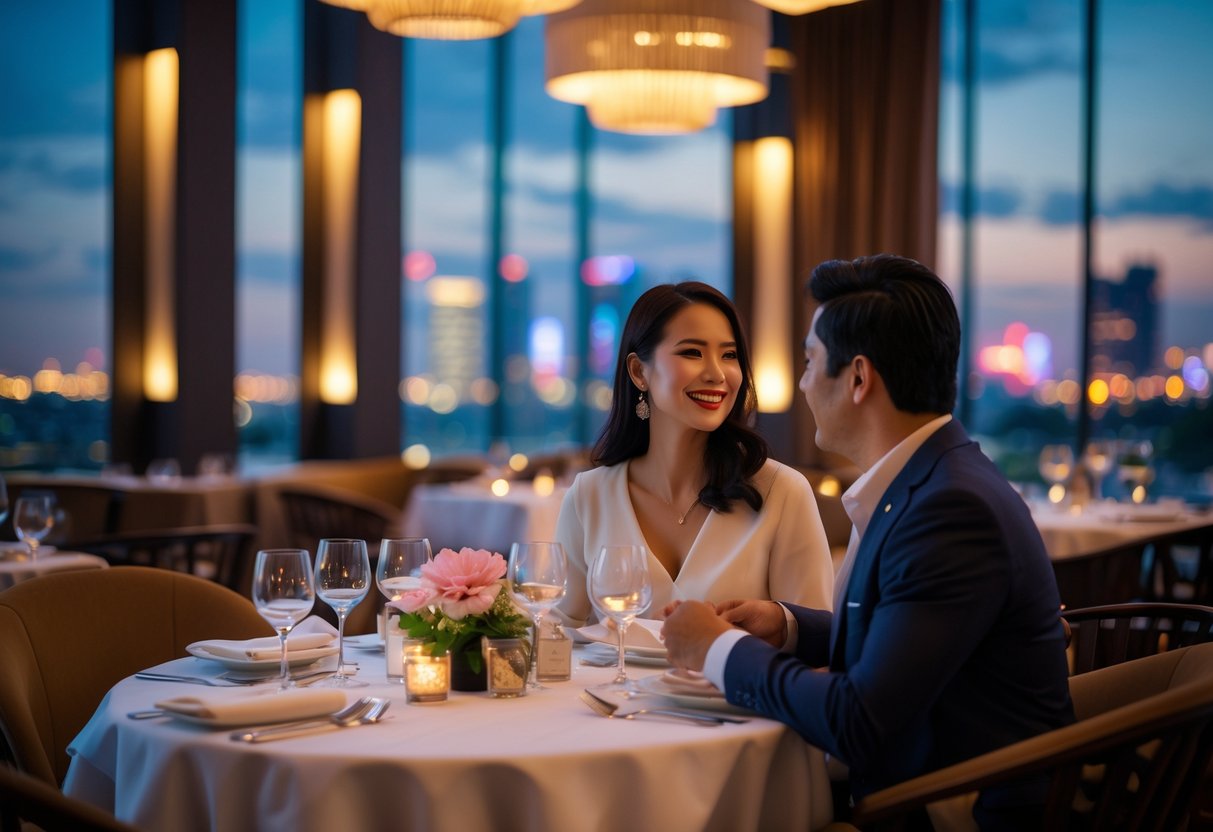 A couple enjoying a romantic dinner at a modern restaurant with city lights visible through large windows.