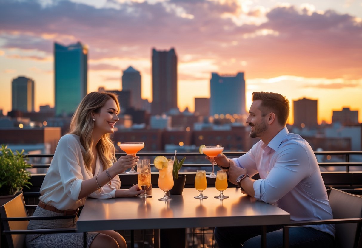 A couple enjoying drinks together at a rooftop bar with a city skyline and sunset in the background.