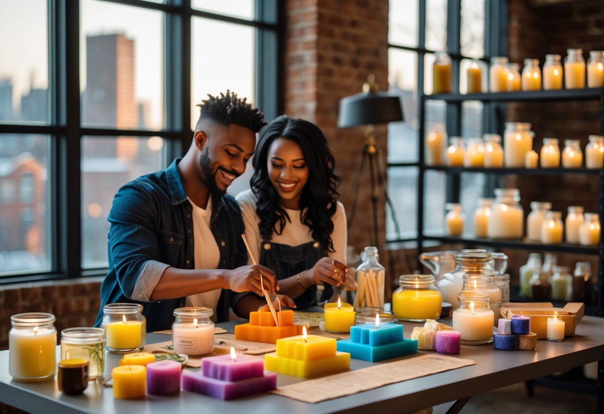 A couple making candles together in a bright workshop with candle-making supplies and finished candles on shelves.