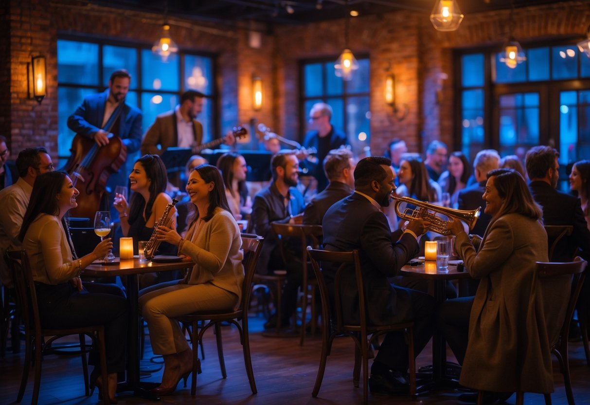 Couples enjoying a live jazz performance at a cozy indoor venue with a jazz band playing on stage.