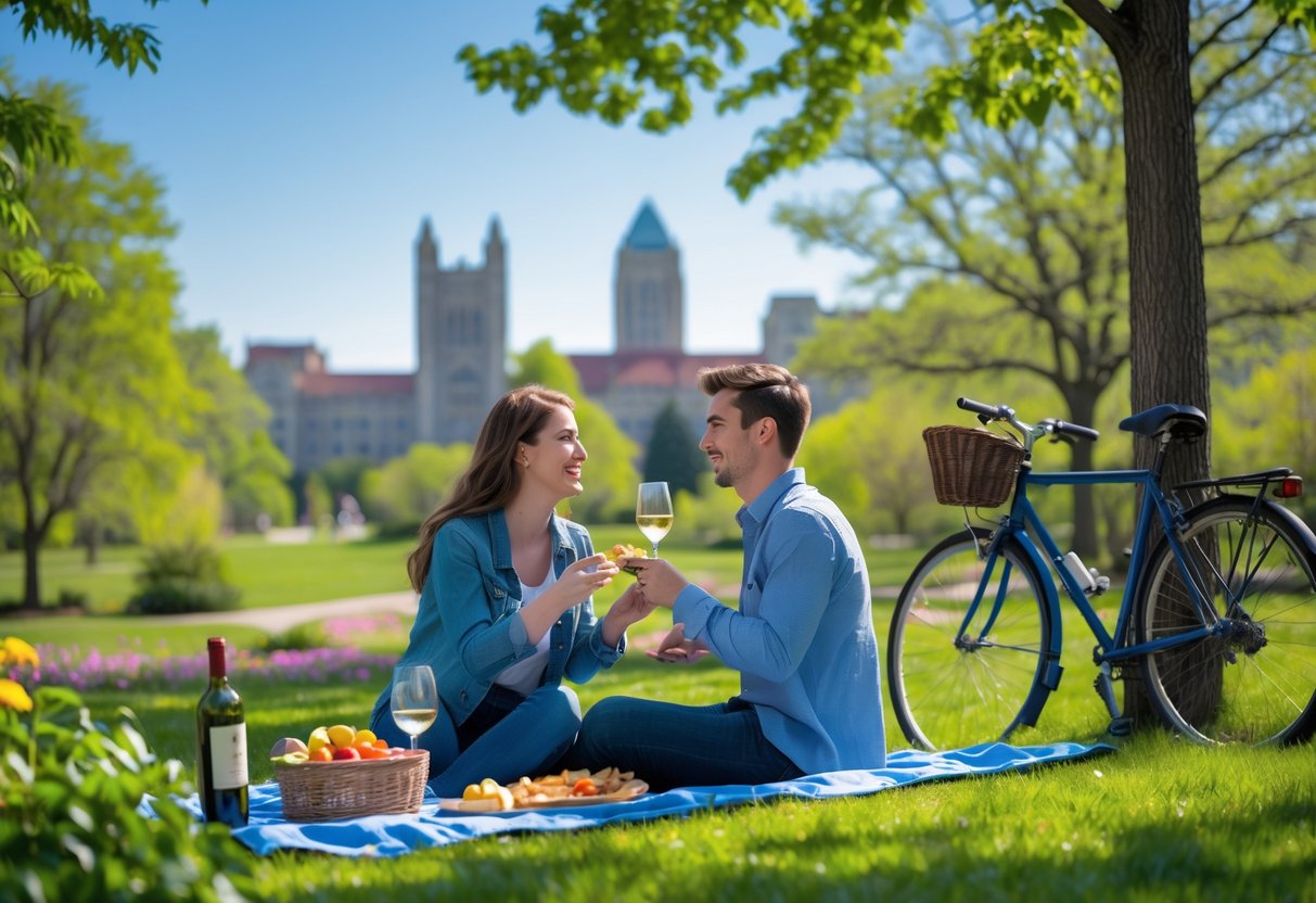A young couple having a picnic in a green park with university buildings in the background on a sunny day.