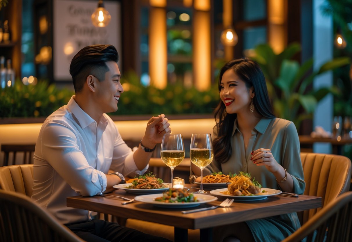A couple enjoying a romantic dinner at a stylish restaurant with warm lighting and Filipino-inspired decor.