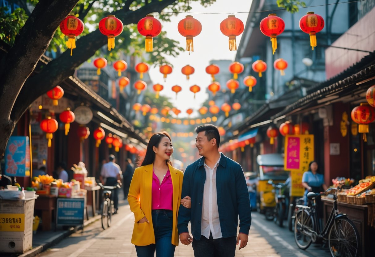 A couple walking through a busy street in Binondo Chinatown, Manila, surrounded by colorful lanterns, shops, and street vendors.
