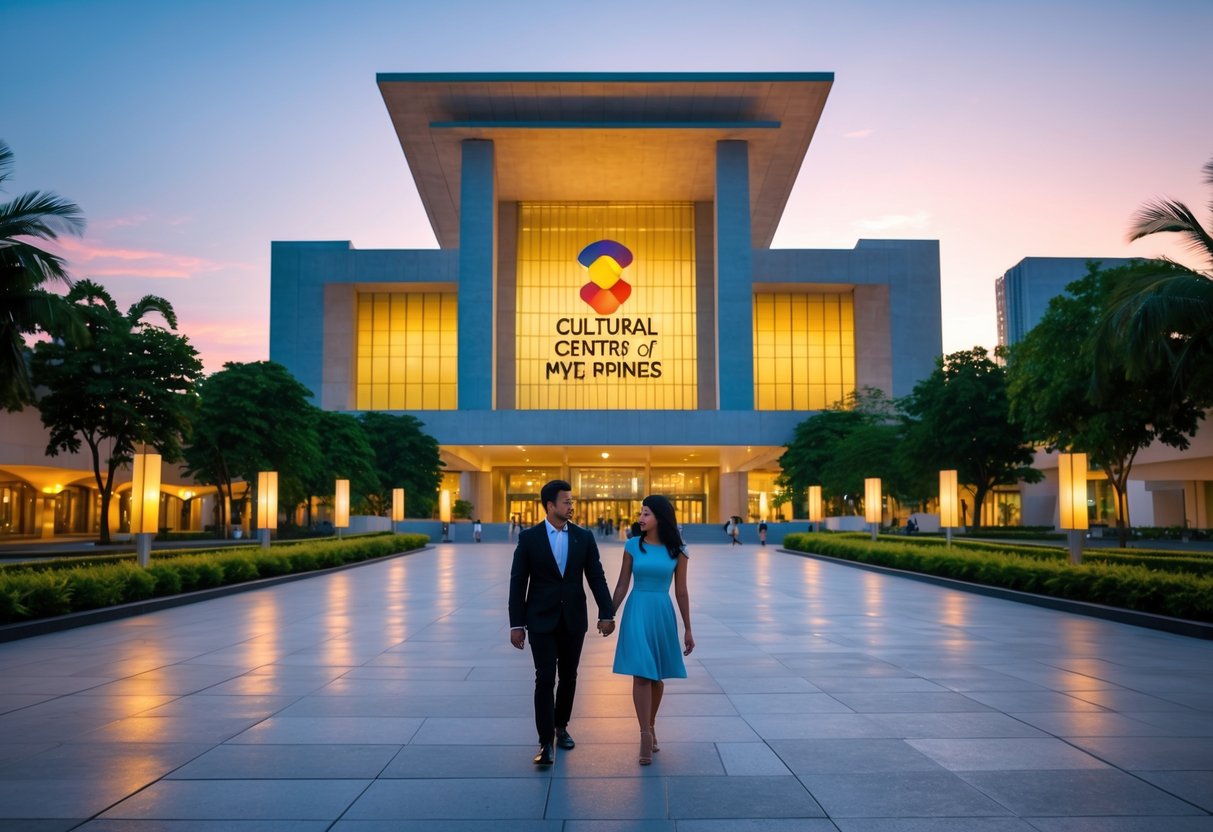A couple walking hand-in-hand outside the Cultural Center of the Philippines in Manila during early evening.
