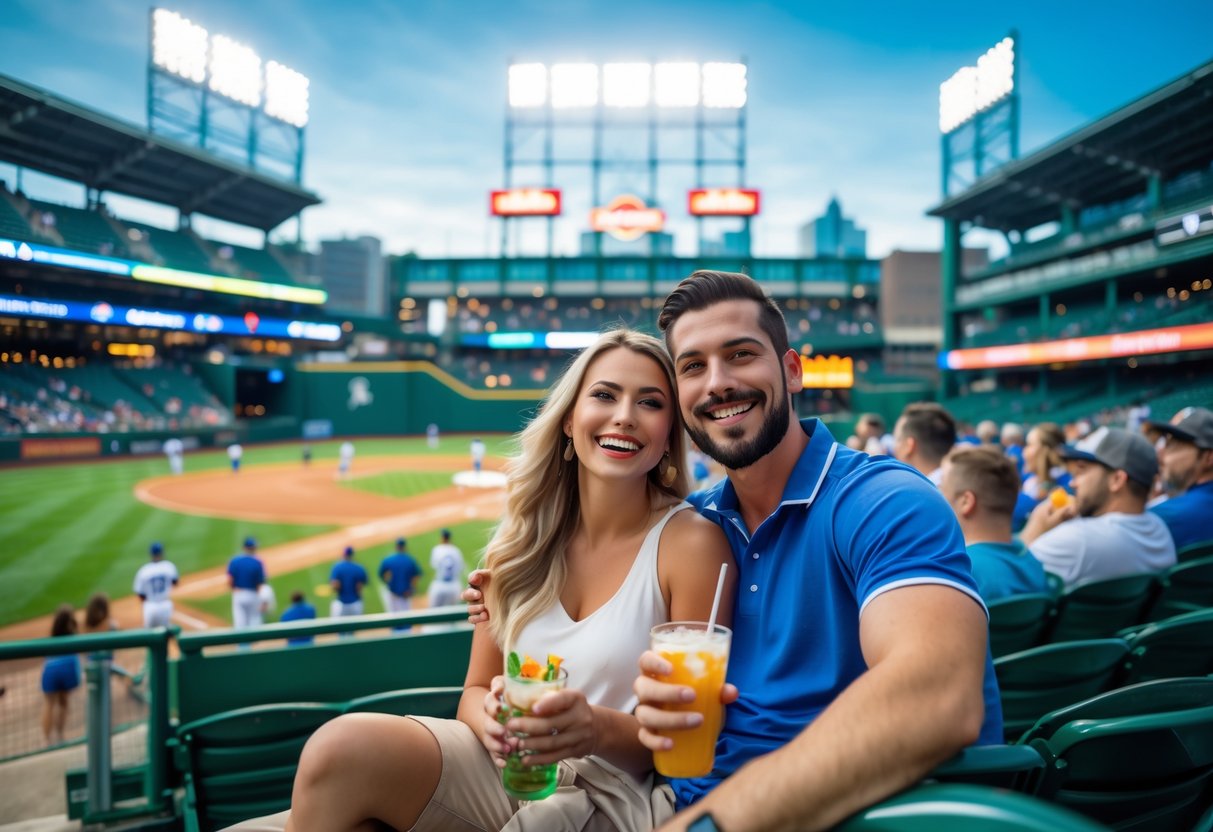 A couple enjoying a baseball game together at American Family Field stadium, surrounded by fans and the green field.