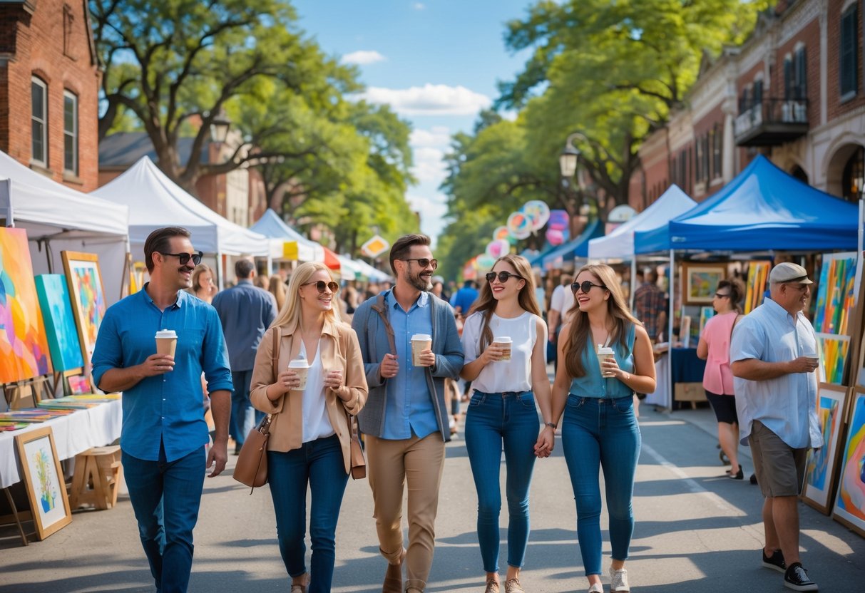 Couples and friends enjoying an outdoor art fair with colorful booths and trees lining the street on a sunny day.