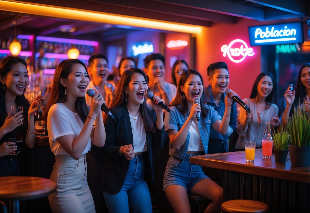 A group of young adults enjoying karaoke night in a cozy bar with warm lighting and colorful neon signs.