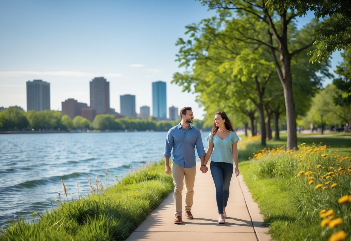 A couple walking hand-in-hand along a lakefront trail with trees, water, and a city skyline in the background.