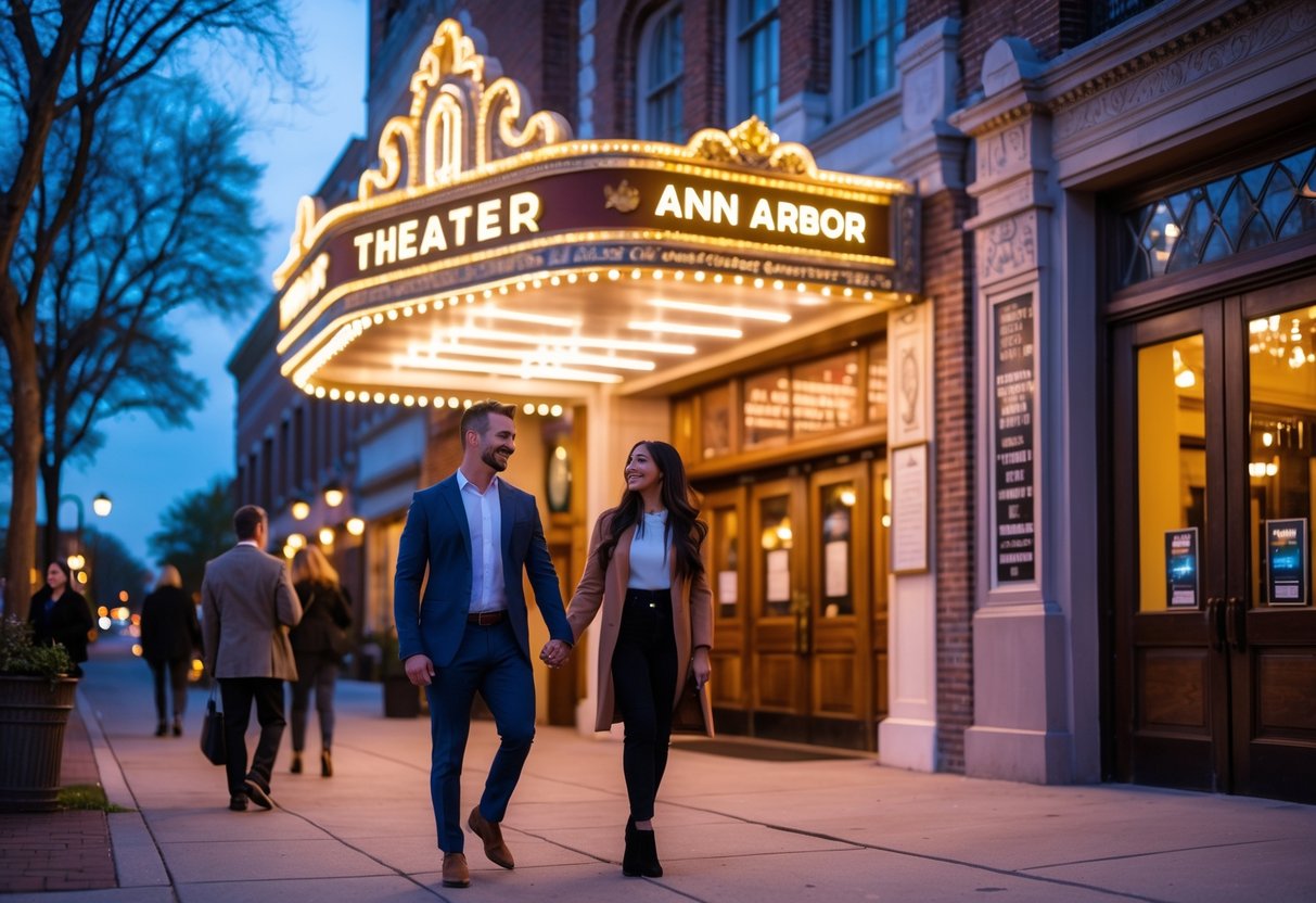 A couple walking hand in hand toward the brightly lit entrance of the Michigan Theater in Ann Arbor during the evening.