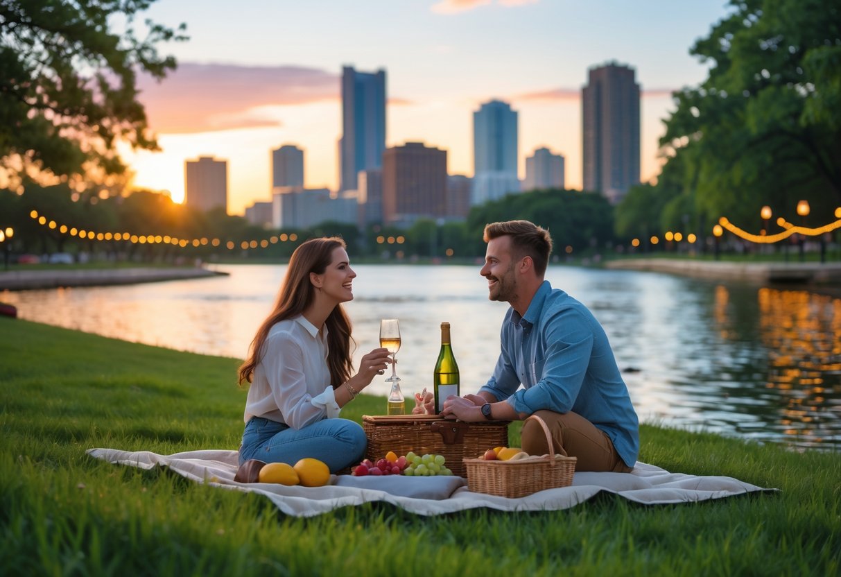 A young couple enjoying a picnic near a lake with the Milwaukee skyline in the background at sunset.