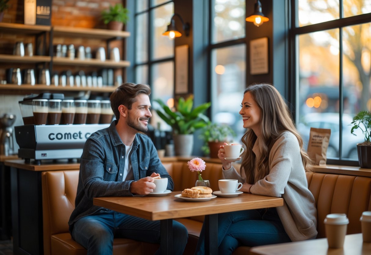 A young couple sitting at a wooden table in a coffee shop, enjoying coffee and smiling at each other.