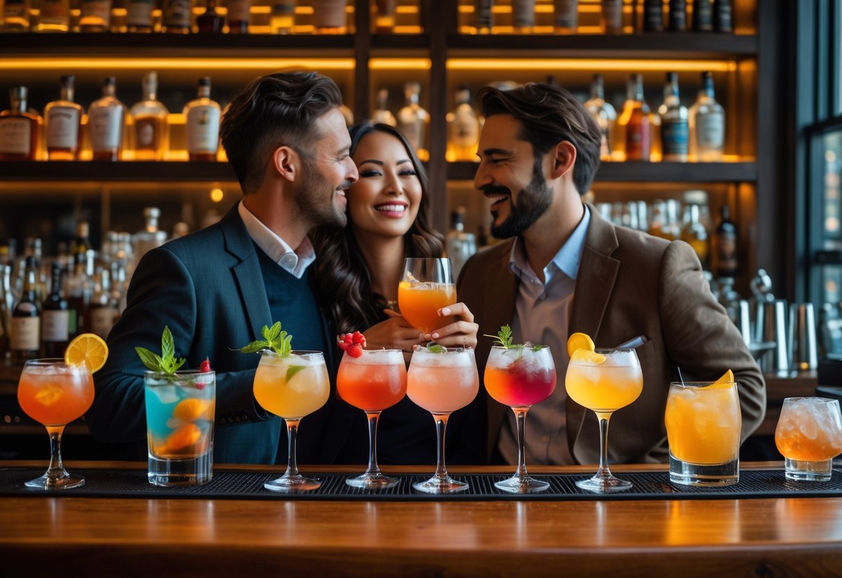 A couple enjoying craft cocktails at a cozy bar with warm lighting and a wooden counter.