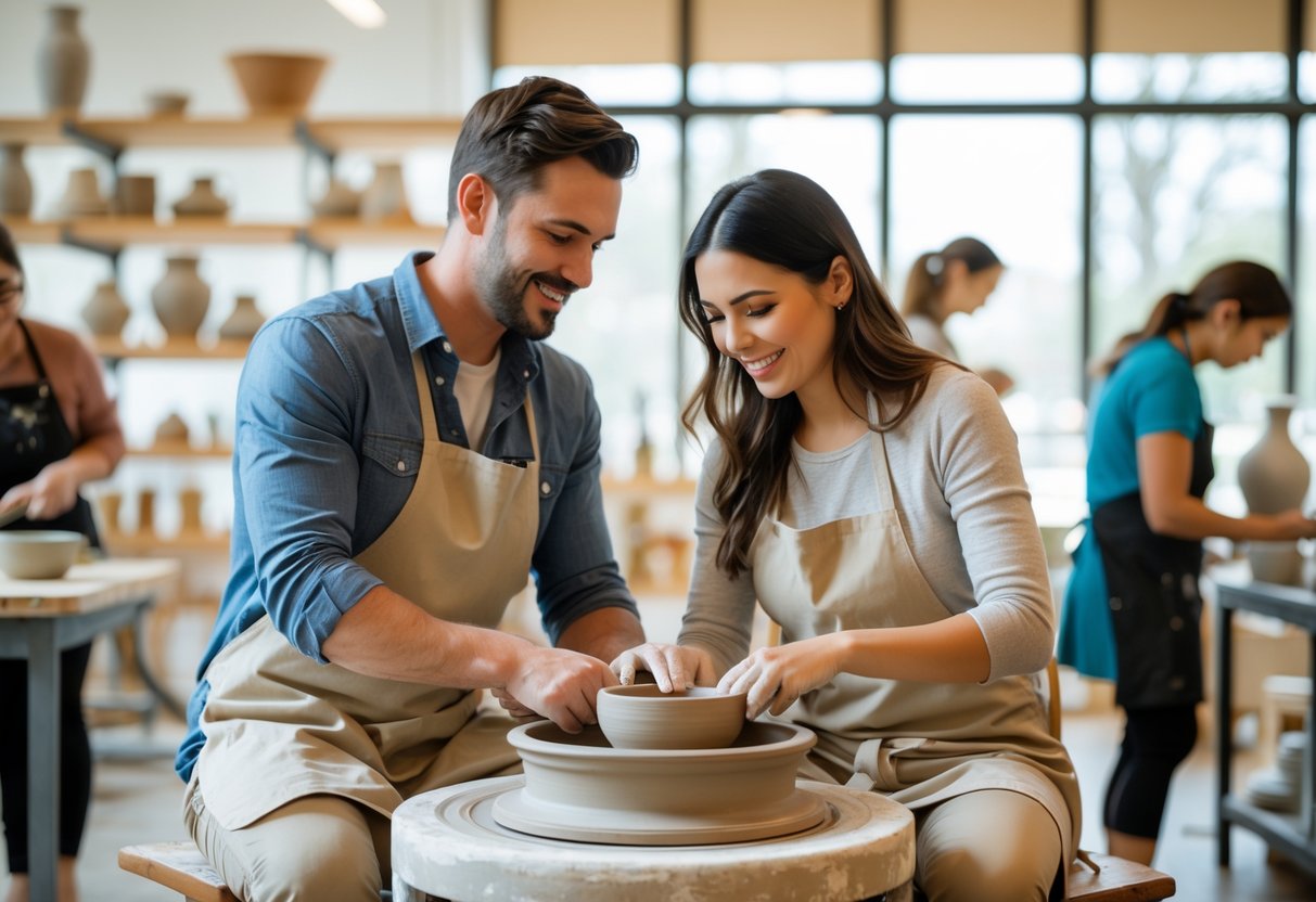 A couple shaping clay on pottery wheels together in a bright art studio.