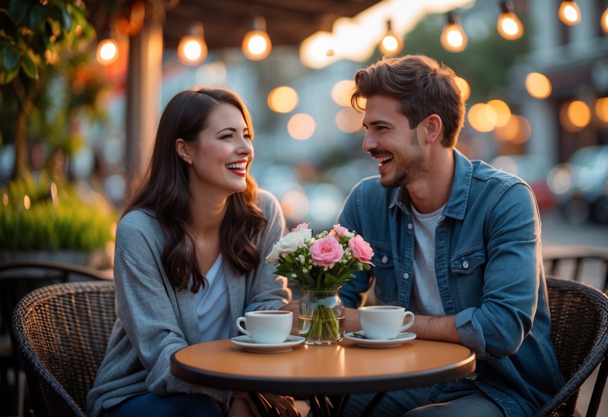 A young couple smiling and talking at an outdoor café table with coffee and flowers during sunset.