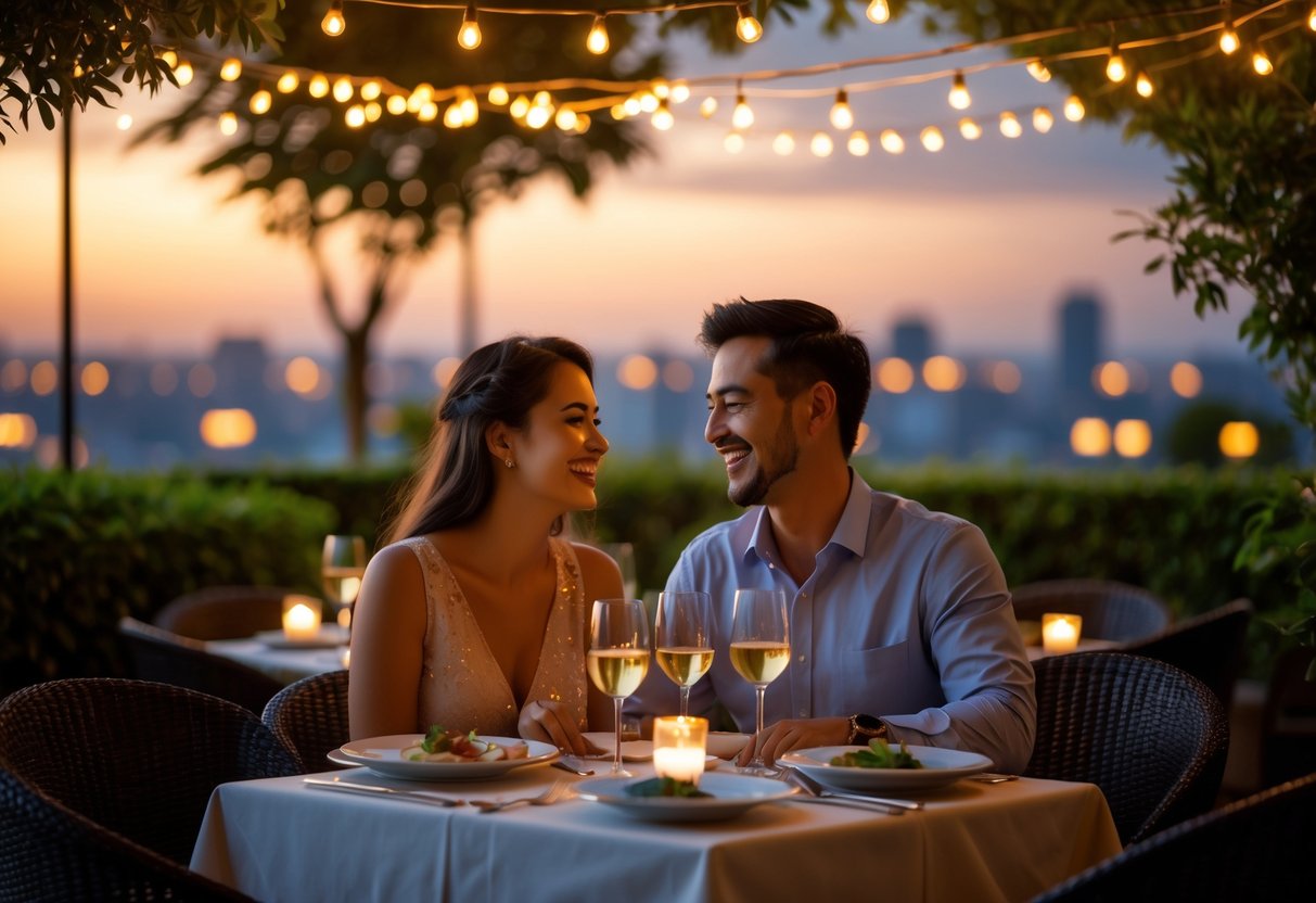 A couple smiling and talking while having dinner together at an outdoor restaurant during sunset.