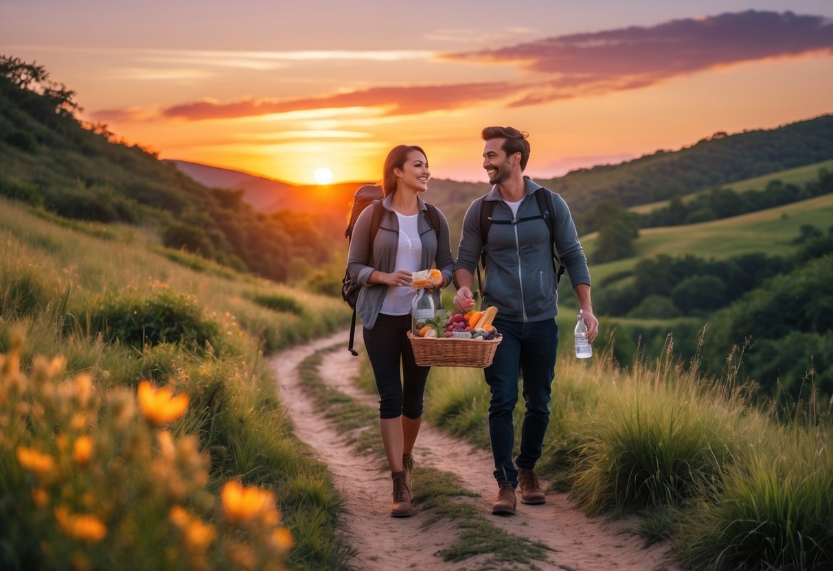 A couple walking on a nature trail at sunset carrying a picnic basket with snacks.