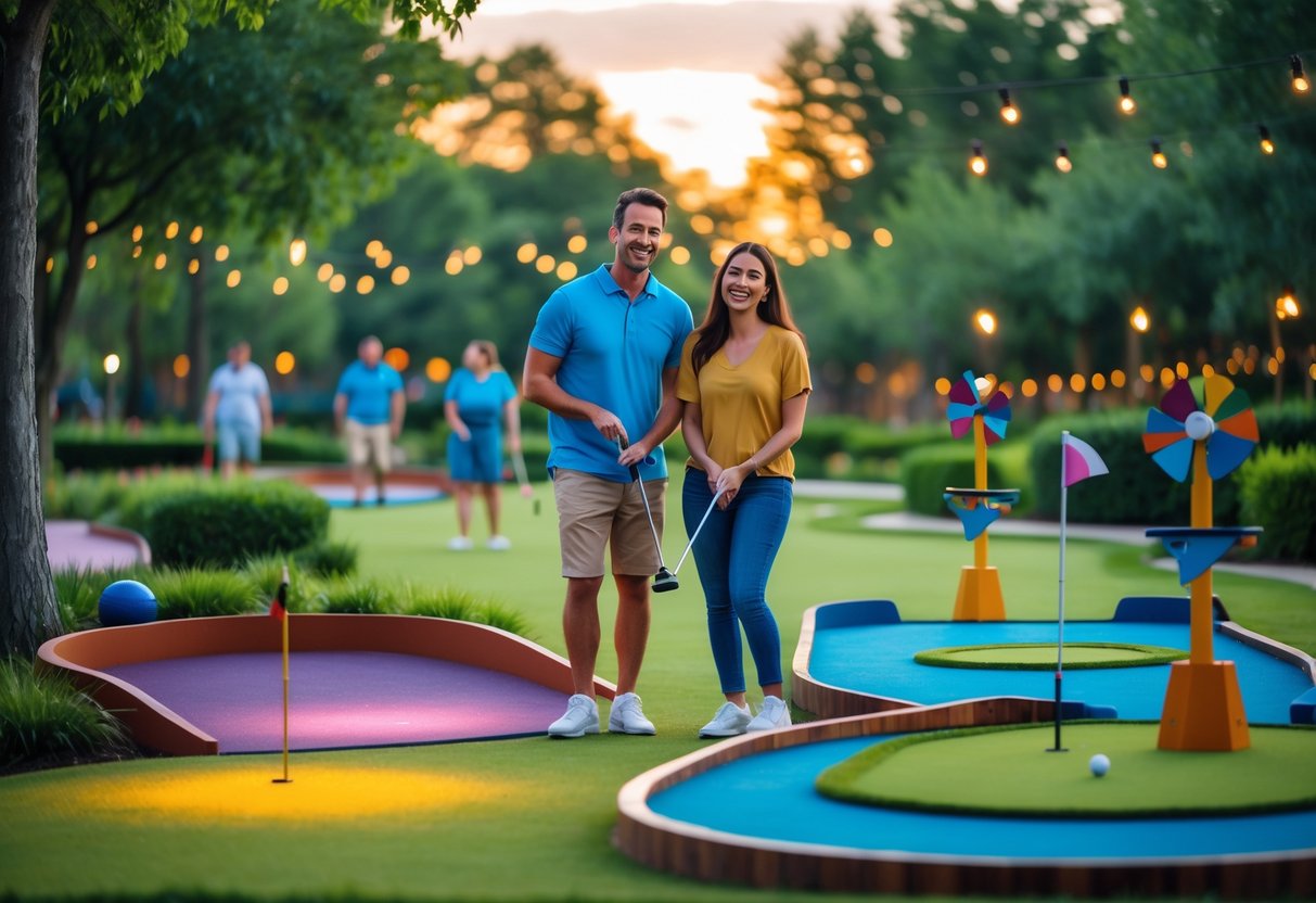 A couple playing mini golf together outdoors during early evening, smiling and enjoying their game.