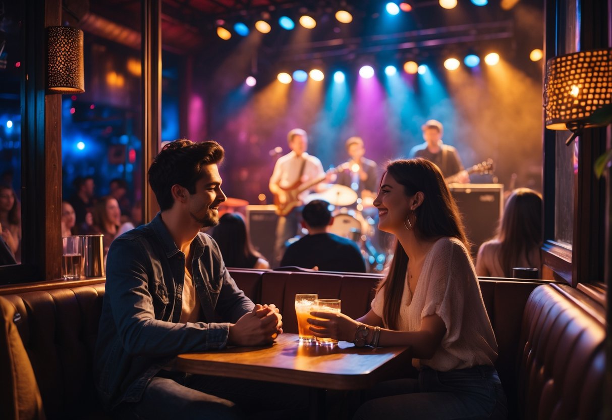 A couple sitting together at a live music show, enjoying the performance in a cozy venue.