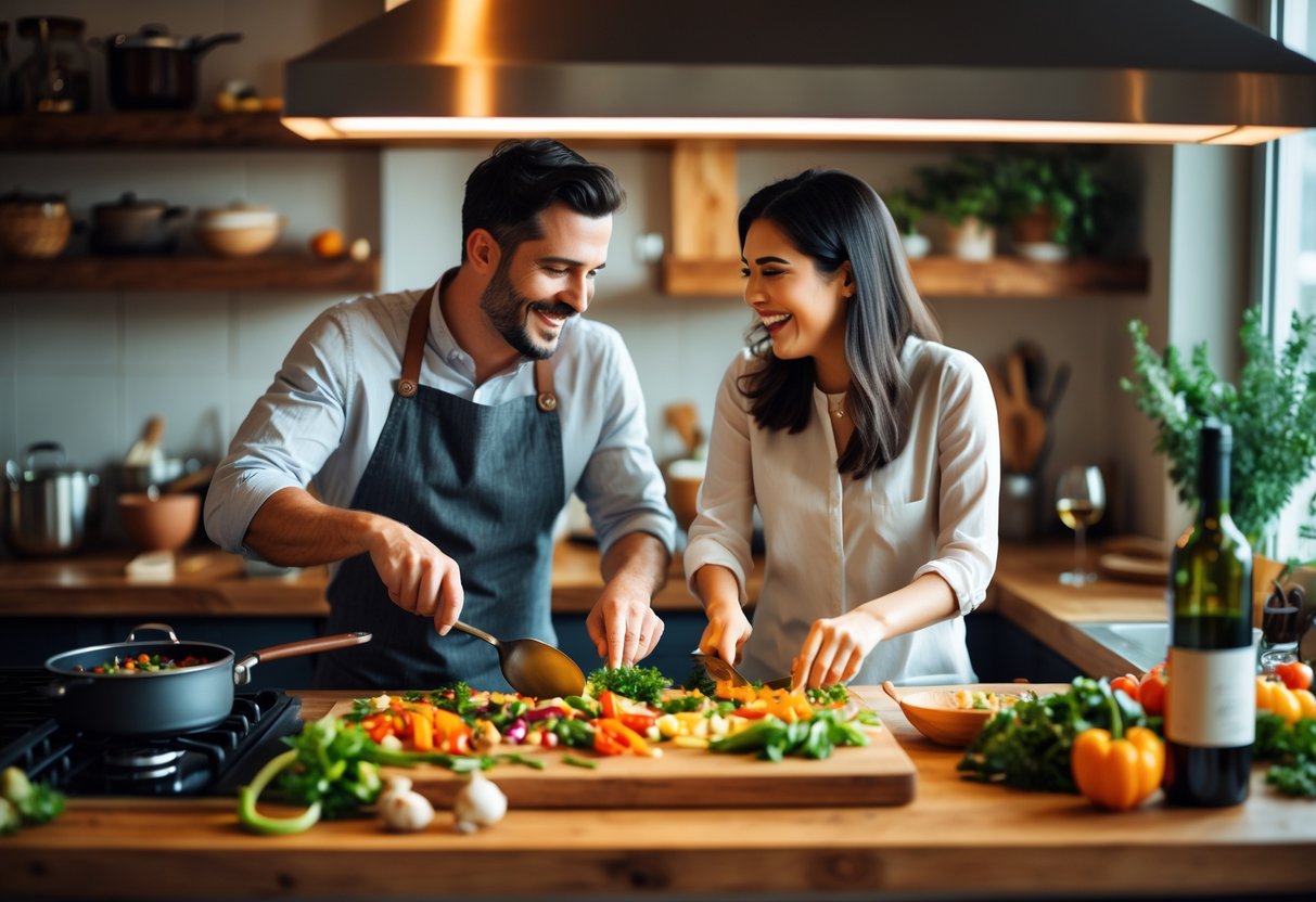 A couple cooking together in a kitchen, preparing a meal with fresh ingredients on the countertop.