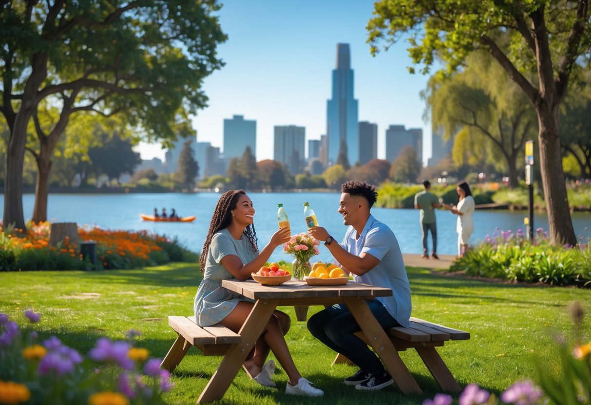 A young couple enjoying a picnic at a park with the Oakland skyline in the background on a sunny day.