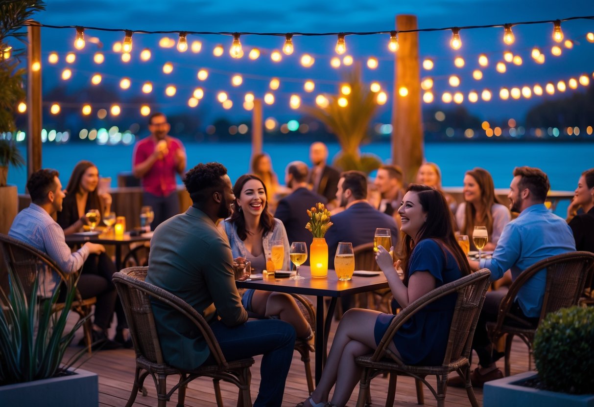 Couples and friends enjoying a comedy show outdoors by the water in the evening, with a comedian performing on stage and people laughing at small tables.