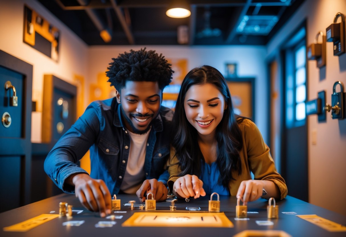 A young couple working together to solve puzzles in an escape room, surrounded by themed props and locks.