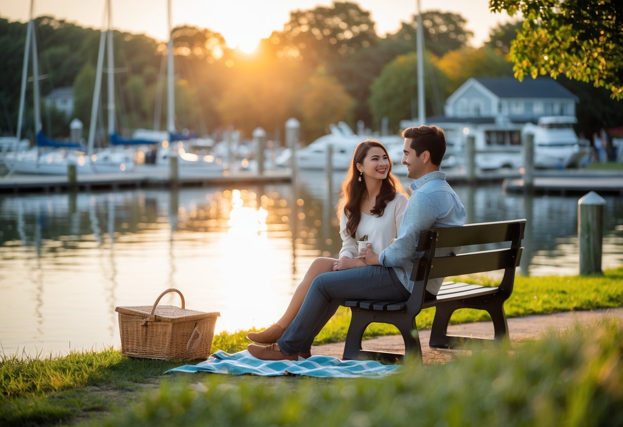 A young couple sitting on a bench by the waterfront in Oakville, enjoying a peaceful outdoor moment near a marina with sailboats.