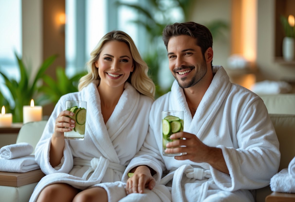 A smiling couple in bathrobes sitting together in a spa lounge holding glasses of infused water surrounded by candles and plants.