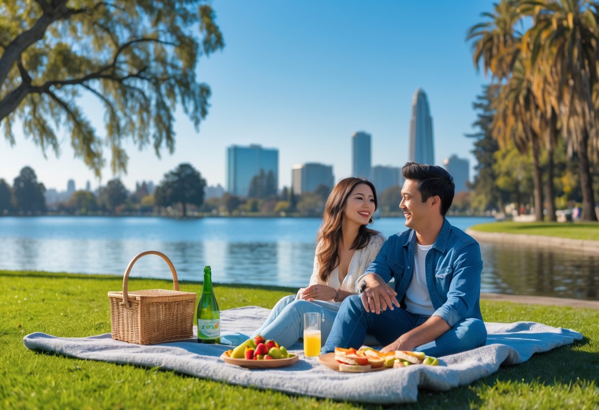 A young couple enjoying a picnic on a blanket by the lake with trees and city skyline in the background.
