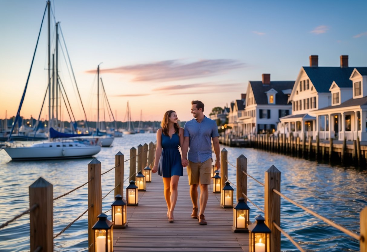 A couple holding hands and walking along a wooden pier by the waterfront with sailboats and historic buildings in the background during sunset.