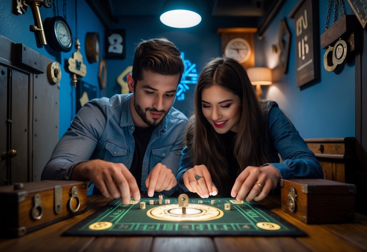 A young couple working together to solve puzzles in an escape room filled with locks and mysterious props.