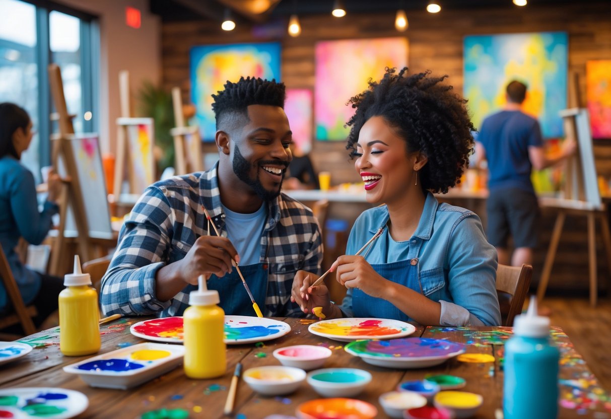A couple painting together at a studio paint bar, smiling and enjoying their date surrounded by art supplies and paintings.