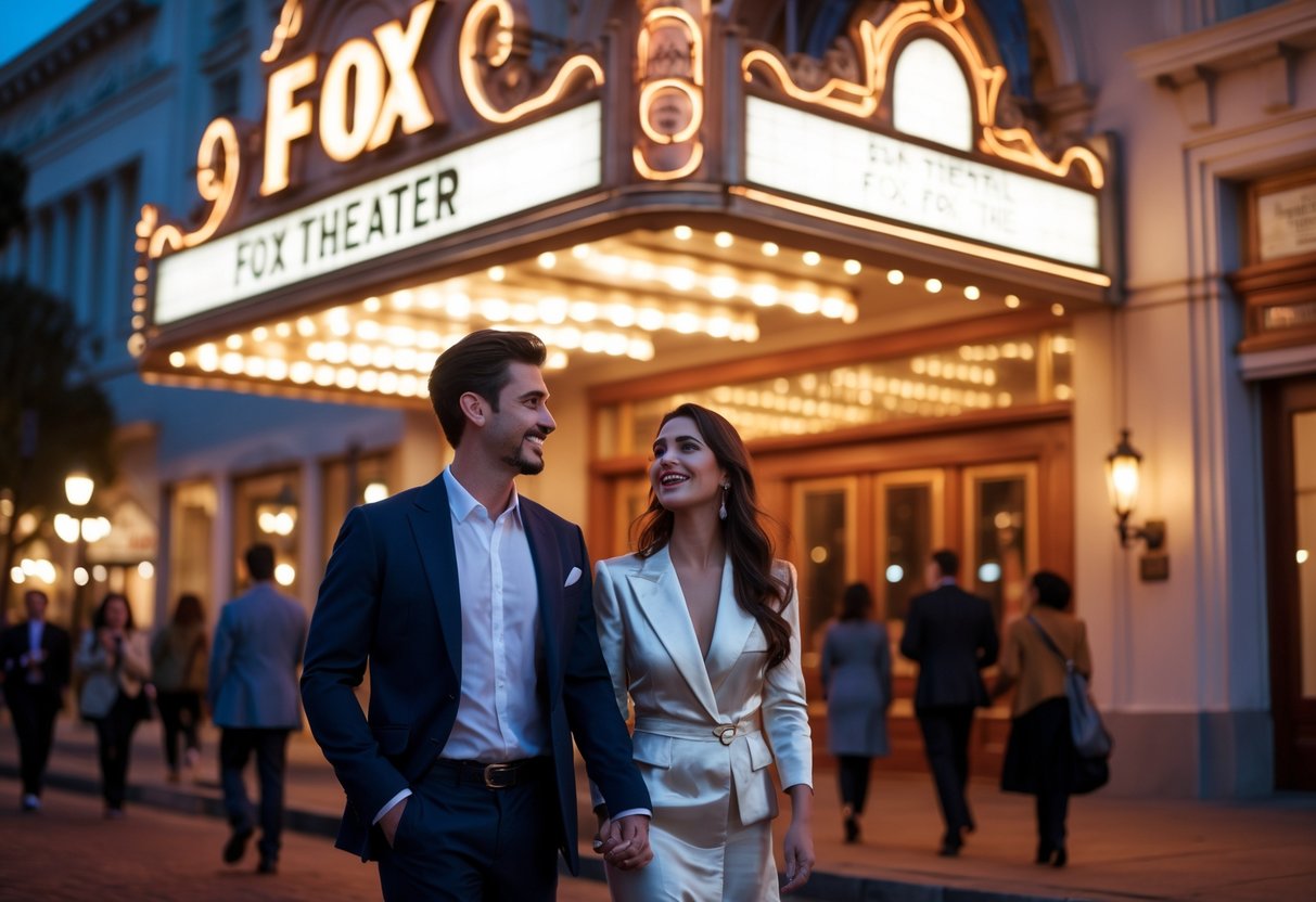 A young couple walking hand in hand toward the Fox Theater entrance in Oakland at night, surrounded by warm lights and other people.