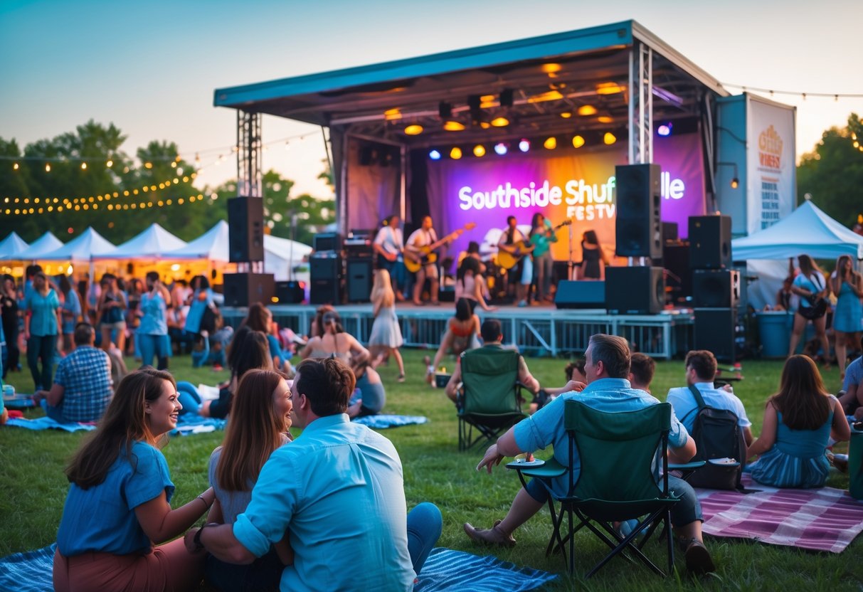 Couples and friends enjoying live music outdoors at a festival with a stage, musicians, and people dancing and sitting on grass.