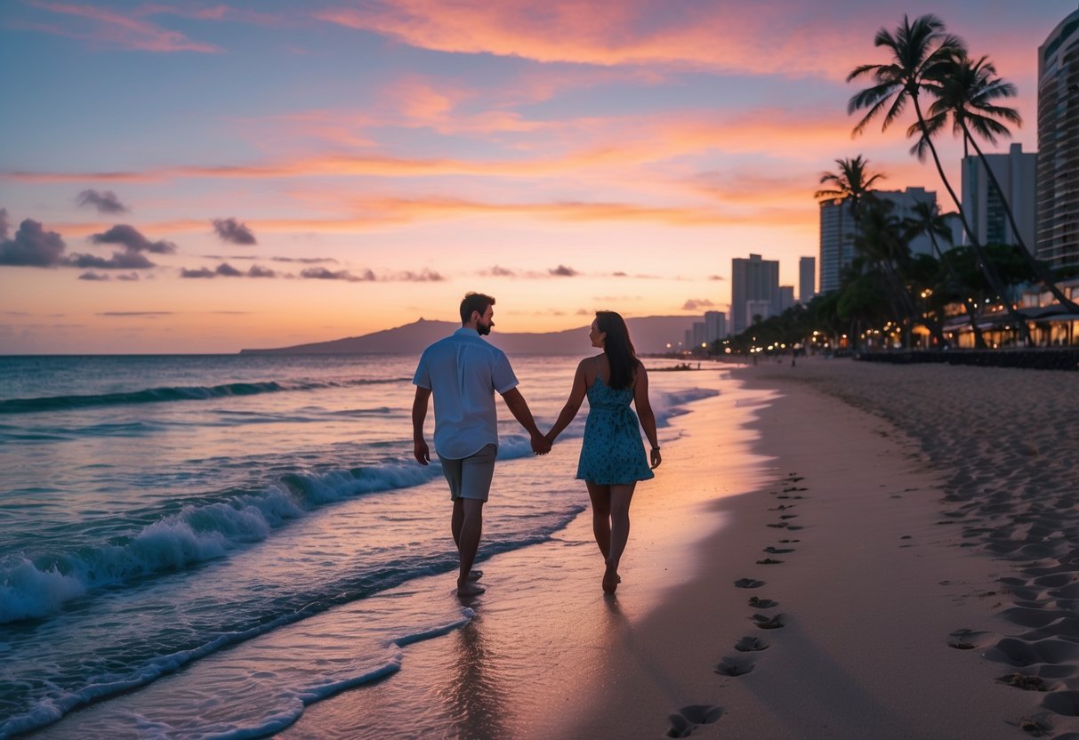 A couple walking hand in hand along Waikiki Beach at sunset with palm trees and Diamond Head in the background.