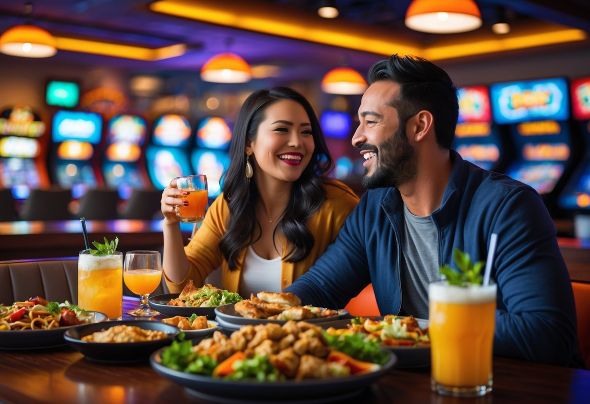 A couple enjoying a meal together at a lively restaurant with arcade games in the background.