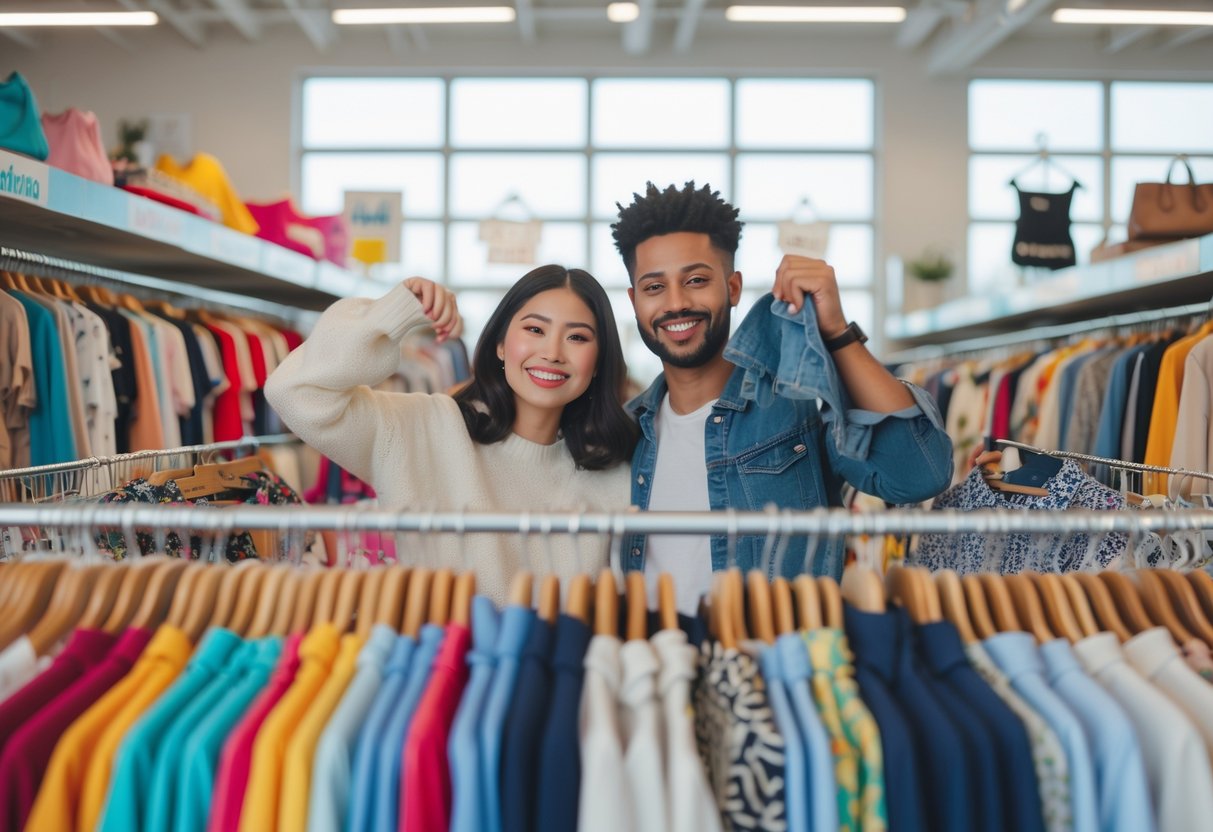 A couple shopping for clothes together inside a thrift store, smiling and looking at garments on racks.