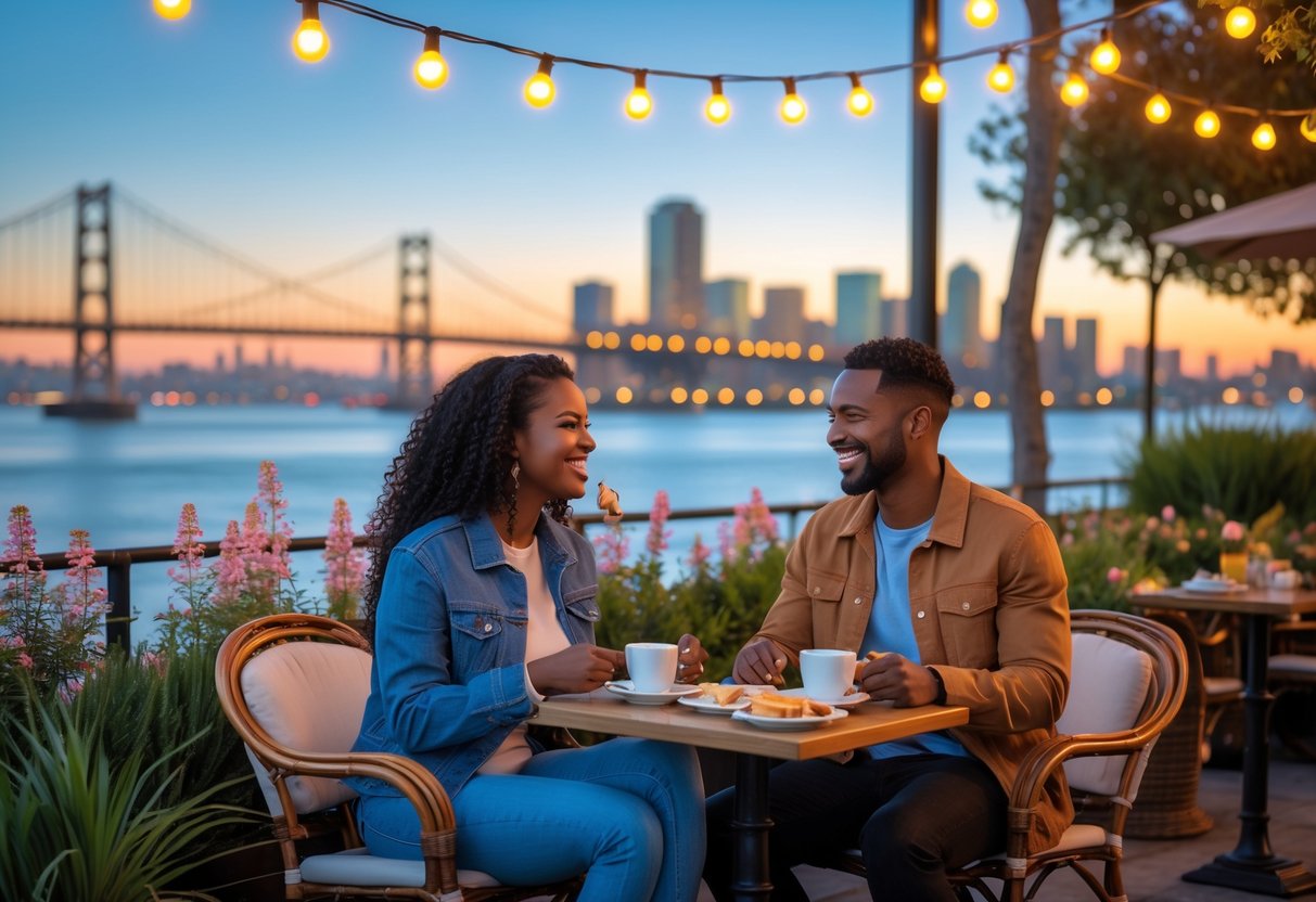 A couple sitting at a small outdoor cafe table near the Oakland waterfront, smiling and talking with the city skyline and Bay Bridge in the background.