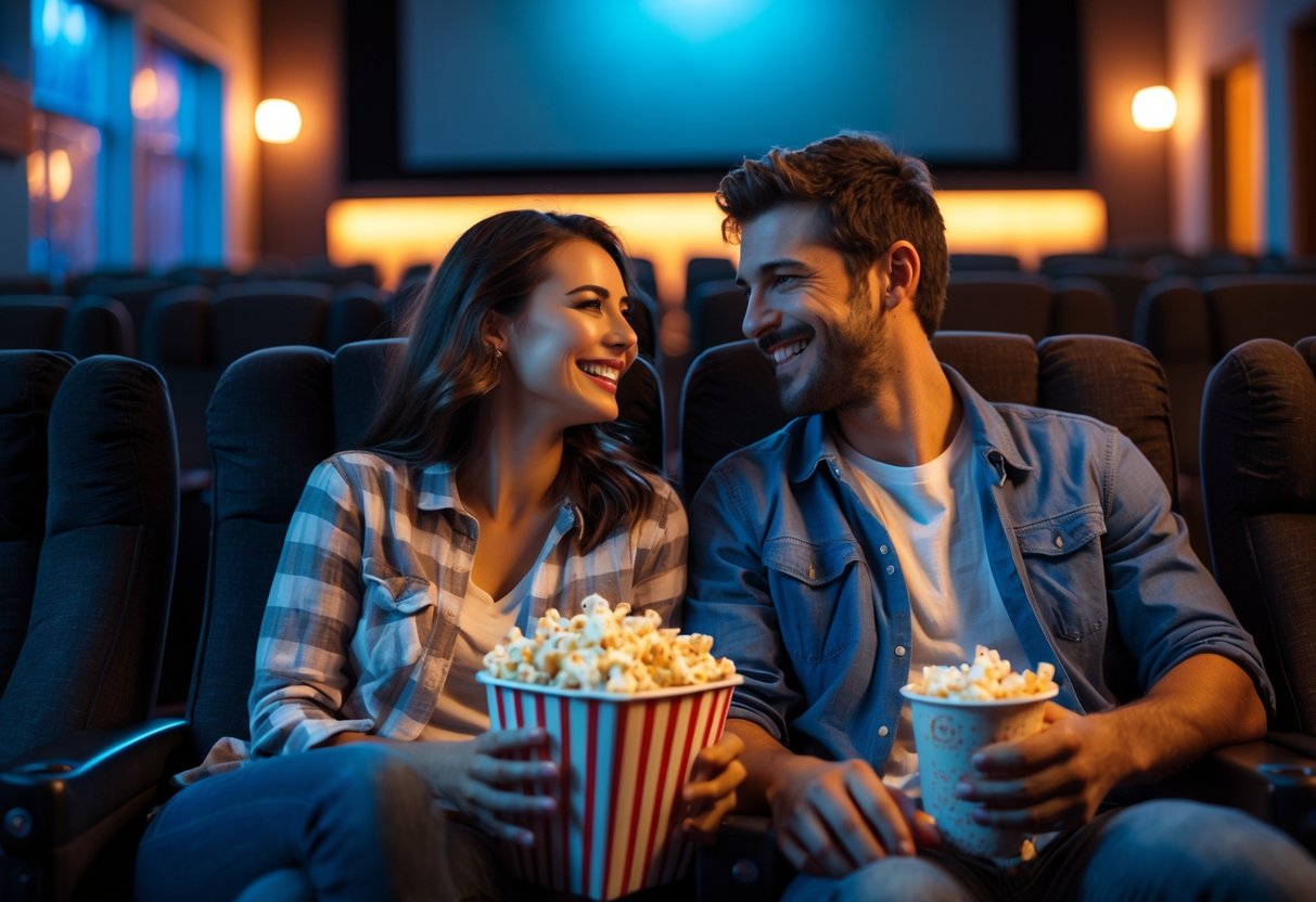 A young couple sitting together in a movie theater, sharing popcorn and smiling.