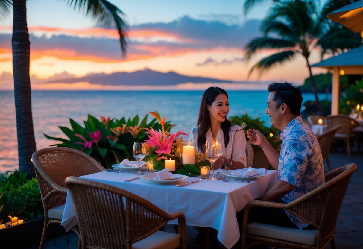 A couple enjoying a romantic dinner at an outdoor table overlooking the ocean during sunset in Hawaii.