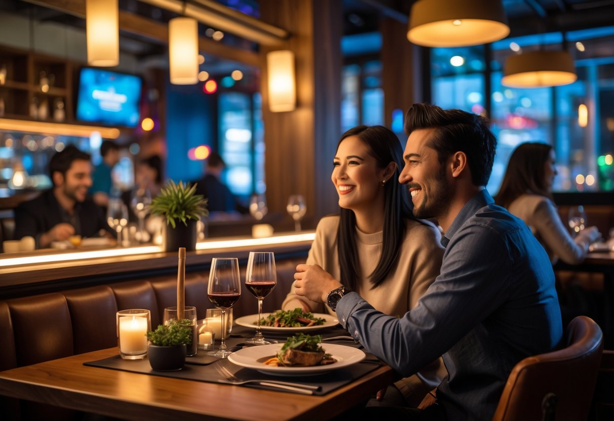 A young couple enjoying a meal together at a modern restaurant with warm lighting and stylish decor.