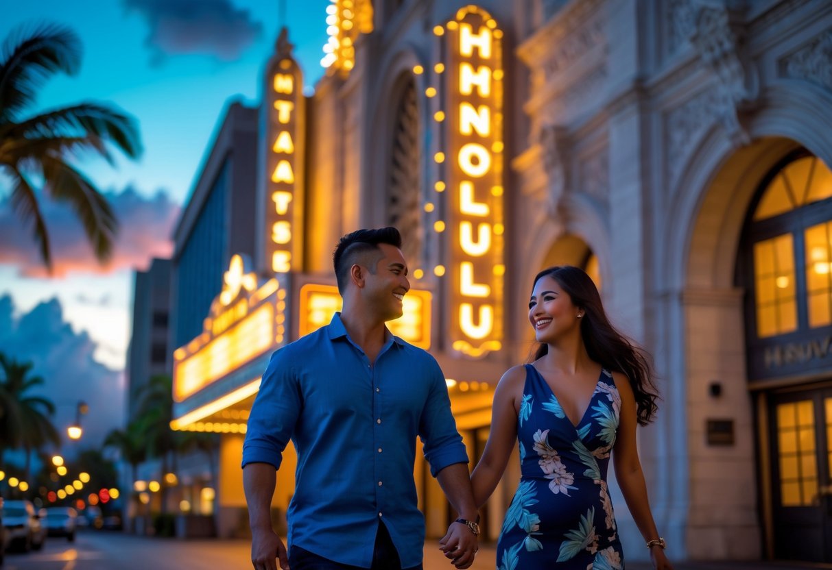 A couple walking hand-in-hand outside the illuminated Hawaii Theatre in Oahu at sunset.