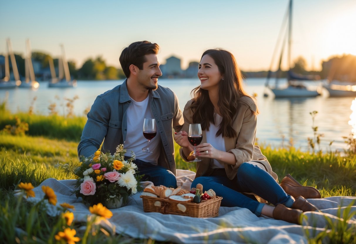 A young couple enjoying a picnic by the lakeside in Oakville with sailboats and greenery in the background.