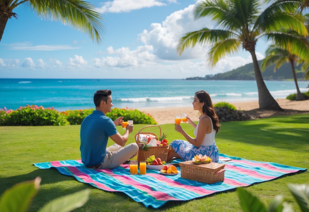 Couple having a picnic on a blanket near the beach with palm trees, ocean, and blue sky in the background.