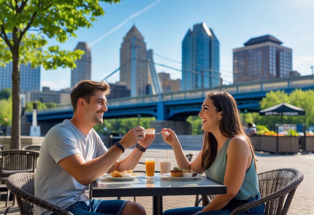A young couple sitting at an outdoor café table in Omaha, smiling and enjoying a dessert with the city skyline and pedestrian bridge in the background.